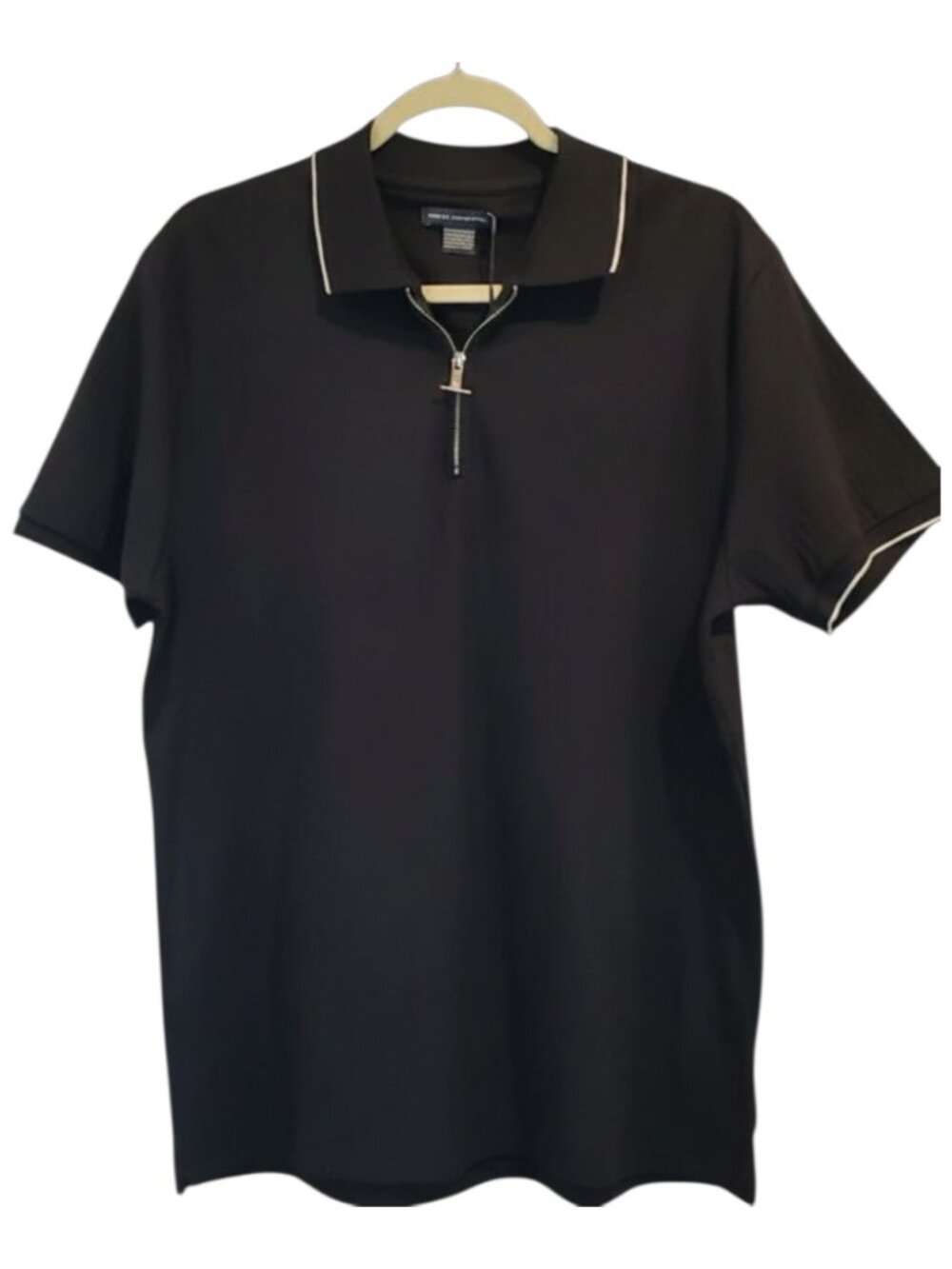 NEW FRENCH CONNECTION SZ L Black Tipped Quarter T Zip Knit Ribbed Polo Shirt